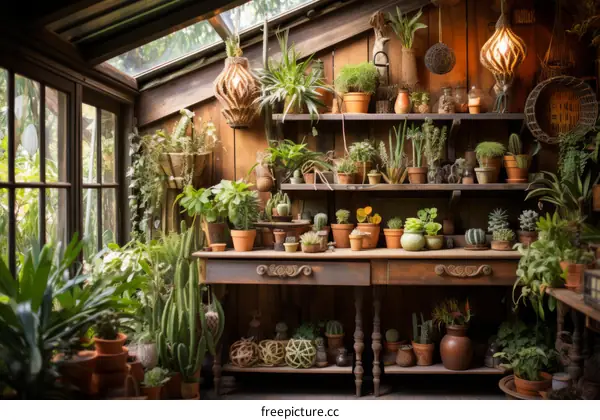 Indoor Garden with Plants on Shelves and Wooden Table