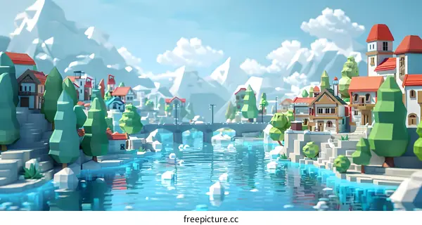 Low Poly Village by the River