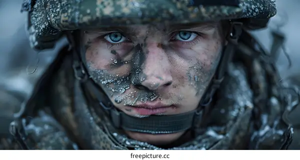 Portrait of a young soldier with blue eyes and a determined expression on his face. He is wearing a military helmet and his face is covered in mud and water.