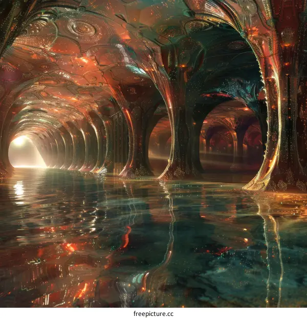 Glowing Crystal Cave with Water Reflection