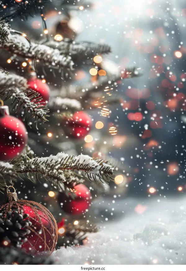 Snowy Christmas Tree with Red Ornaments
