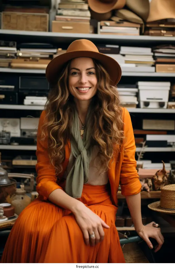 Portrait of a smiling woman wearing a brown hat and orange clothes sitting in a room full of vintage items