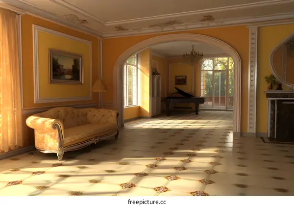 Elegant Living Room With Yellow Walls and Ornate Details