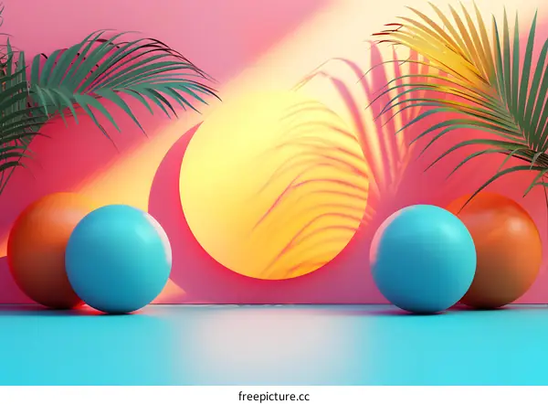 3d rendering of spheres and palm leaves