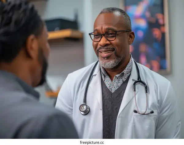 Smiling African American male doctor talking to patient