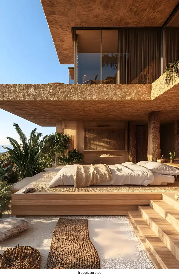 Modern Minimalist Architecture House Design with Wooden Platform Bed and Beige Rugs