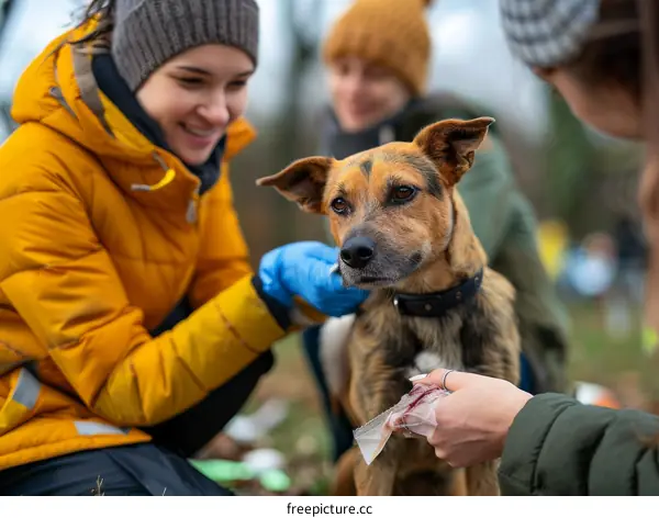 Three people helping a dog
