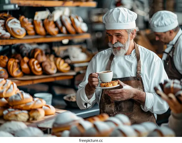 A baker is enjoying a cup of coffee in his bakery.