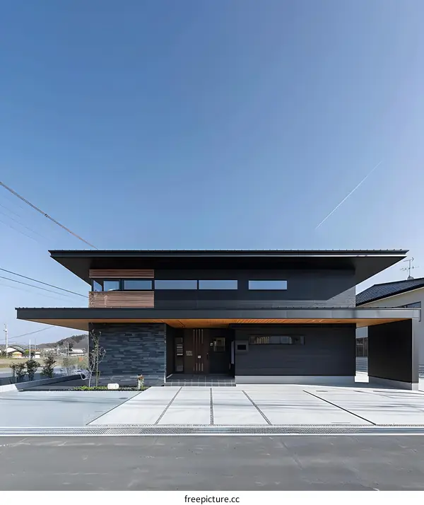 Modern Black House with Wood Accents and Large Windows