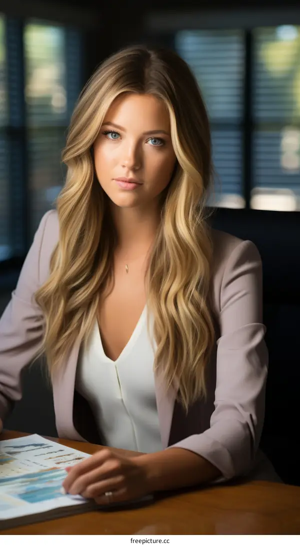 Portrait of a blonde woman in a white blouse and pink blazer sitting at a desk