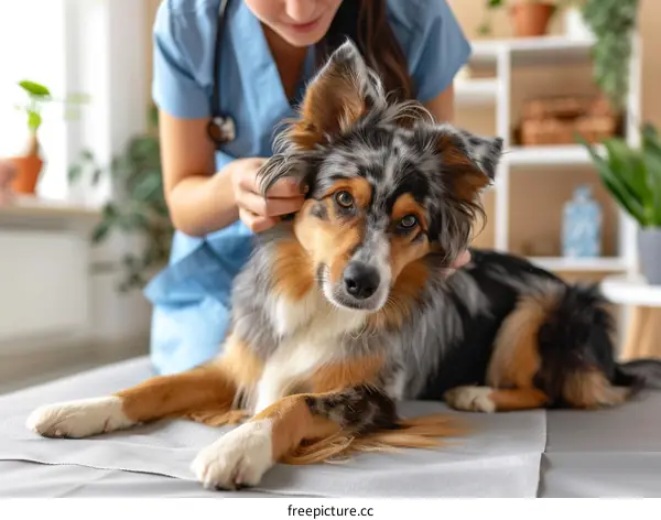 A veterinarian examines an Australian Shepherd dog's ear.