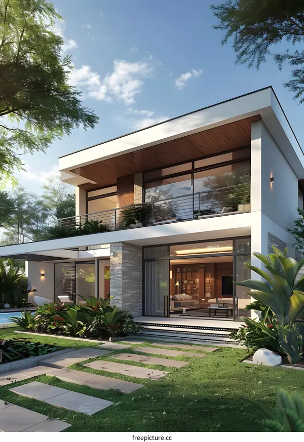 A modern two-story house with a pool and a garden