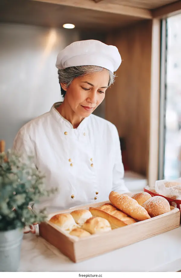 Asian Female Baker Displaying Fresh Baked Goods