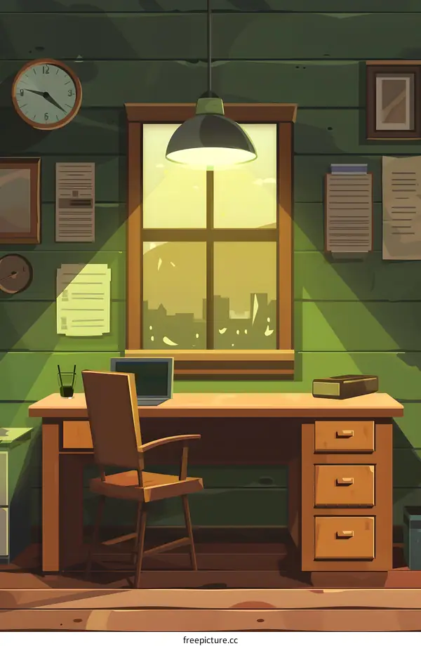Cartoon Illustration of a Wooden Desk with a Window