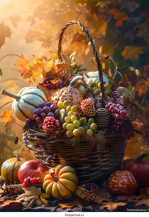 Still life with pumpkins and grapes