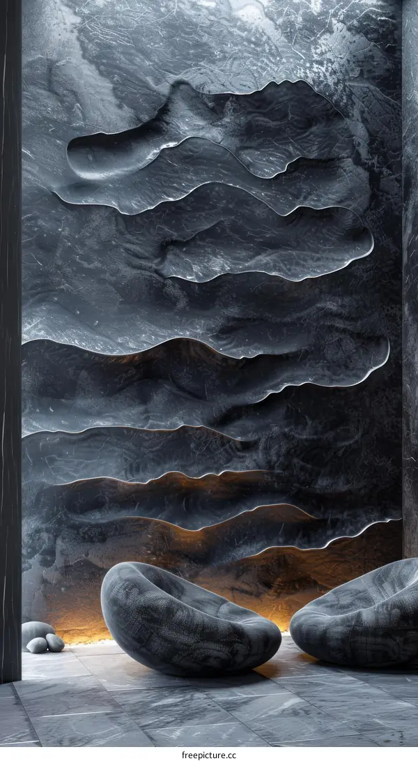 Modern Abstract Stone Wall Design with Lounge Chairs