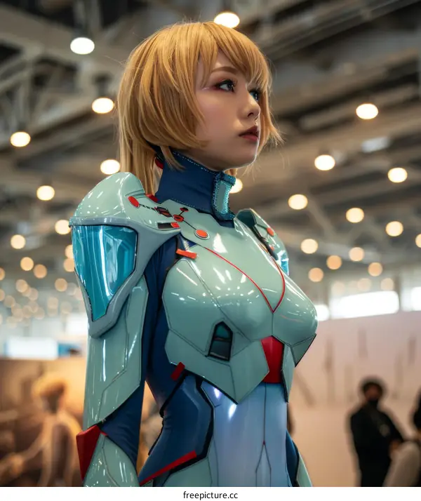 portrait of a young woman in a blue and white bodysuit