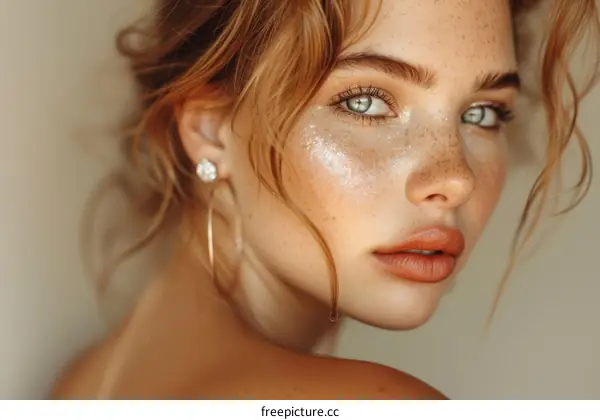 portrait of a beautiful woman with freckles and green eyes