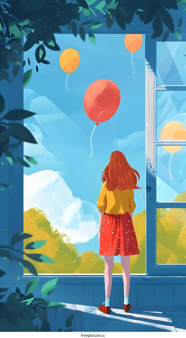 Girl Looking Out Window at Balloons
