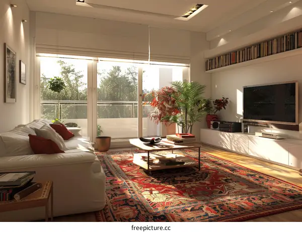 Well-lit Living Room with White Couch and Patterned Rug