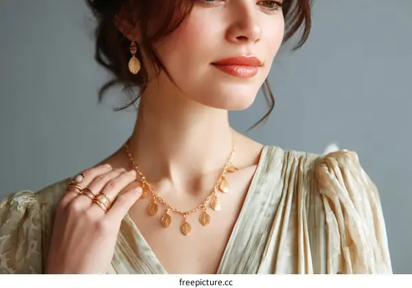 Elegant Woman in a Beige Dress with Gold Jewelry