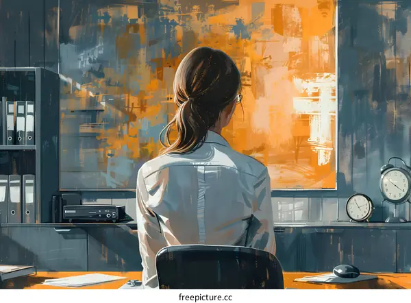 businesswoman looking at abstract painting