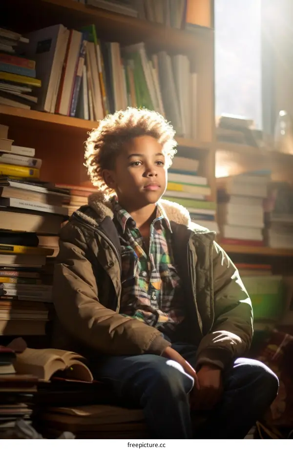 A young boy sits in a library, surrounded by books.