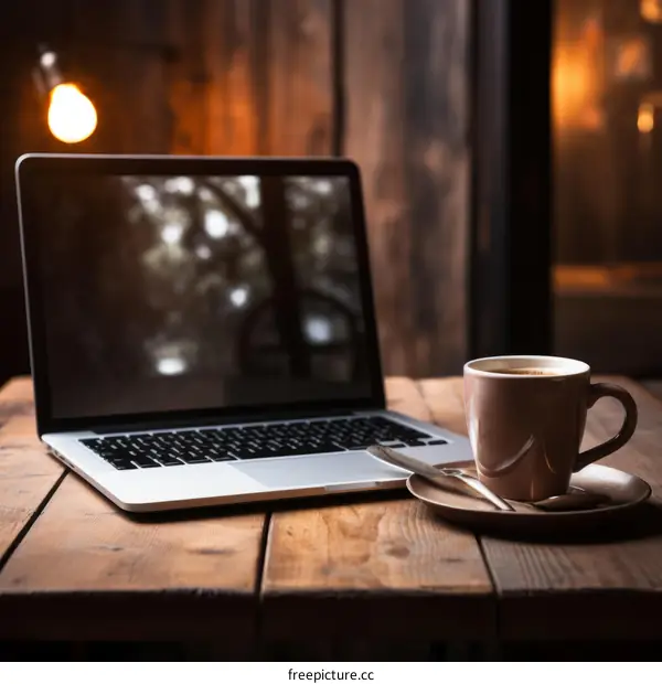 Laptop and Coffee Cup on Wooden Table in a Cozy Cafe