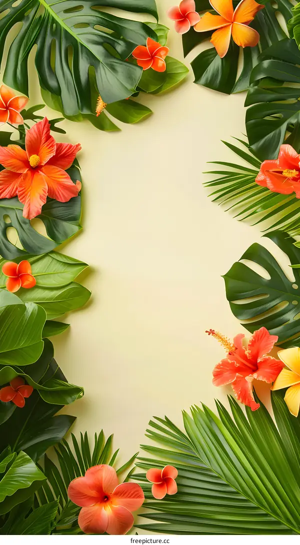 Tropical Flowers and Leaves Background