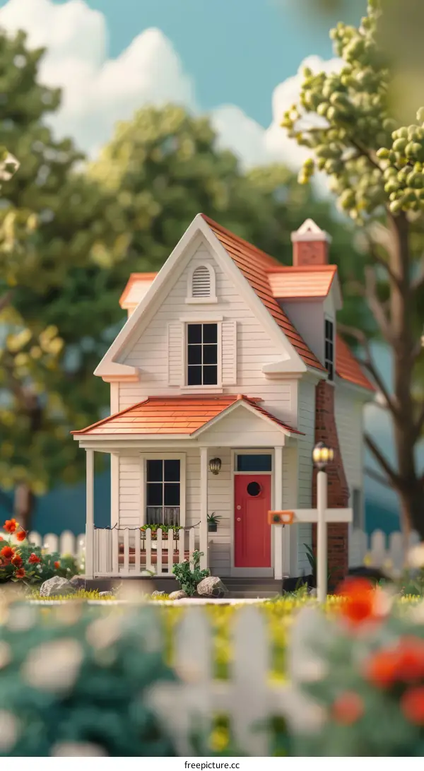 Charming Small White House with Red Door Surrounded by Colorful Flowers