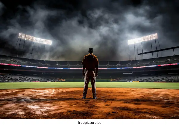 A baseball batter stands alone in an empty stadium at night