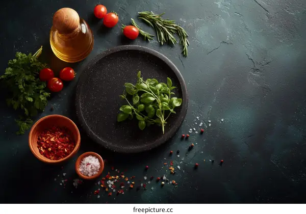 Variety of Fresh Herbs and Spices on Dark Surface