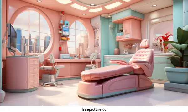 Dentist office interior design with pink and blue pastel colors