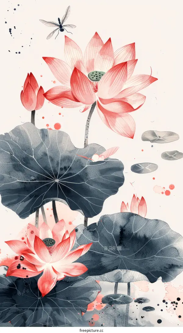 Pink lotus and dragonfly in a pond with blue lotus leaves