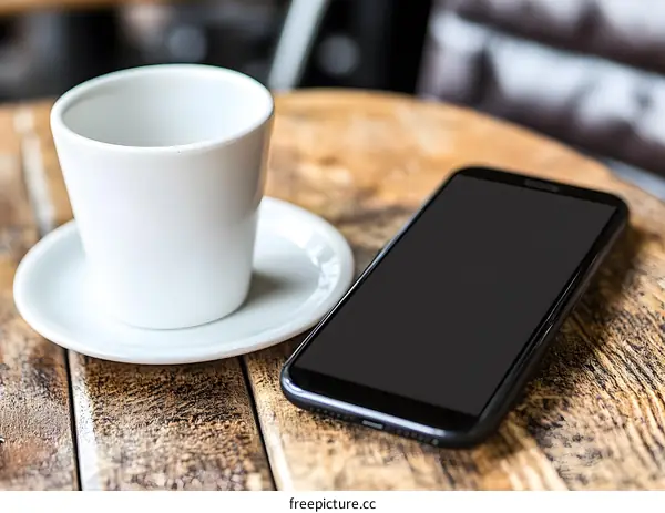 Empty Coffee Cup And Smartphone On Wooden Table
