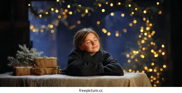 Winter Christmas Scene with a Girl and Presents