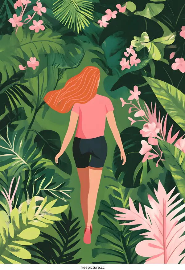 Woman Walking Through Tropical Jungle Illustration