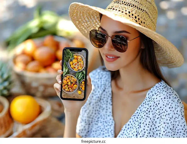 Woman in a Straw Hat Taking Photo of Fruit on Phone