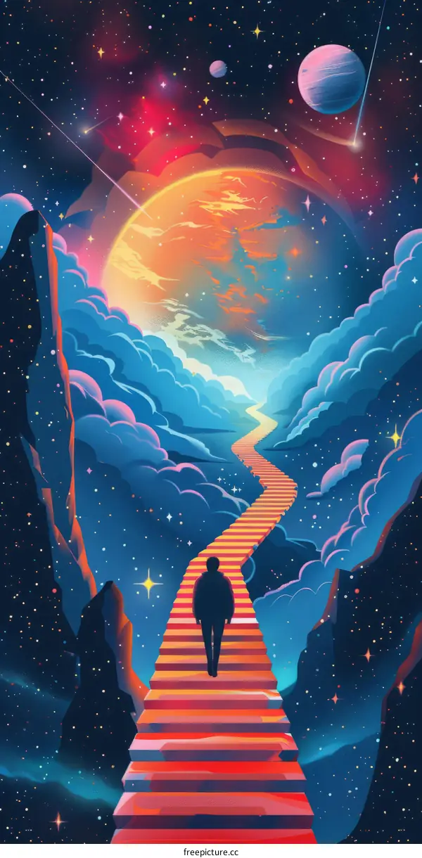 Ascending to a New World: A lone figure climbs a stairway reaching towards a distant planet