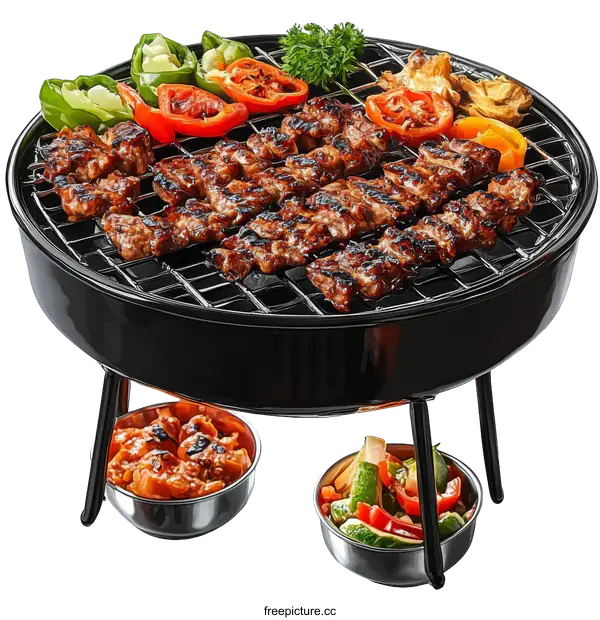 [Transparent Background PNG]Portable Outdoor BBQ with Grilled Meat and Vegetables