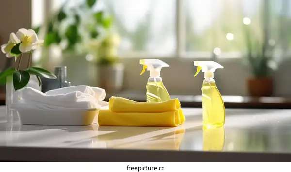 Yellow Spray Bottles and White Towel on a Table with Flower Vase