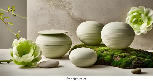 Green Ceramic Containers on Moss and Stone