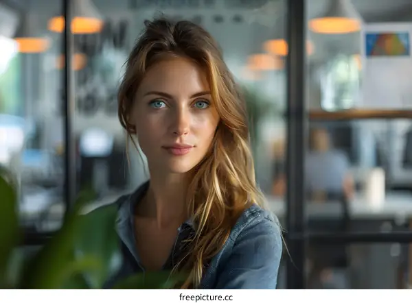 Portrait of a beautiful young woman with long blond hair and blue eyes