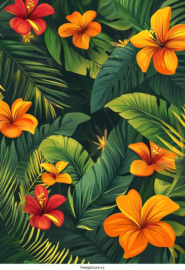 Tropical Leaves and Flowers Seamless Pattern
