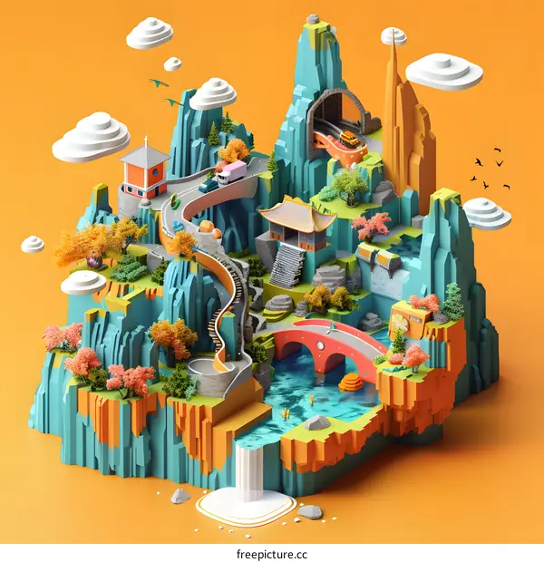 Isometric 3D illustration of a mountain landscape with a road, bridge, and waterfall