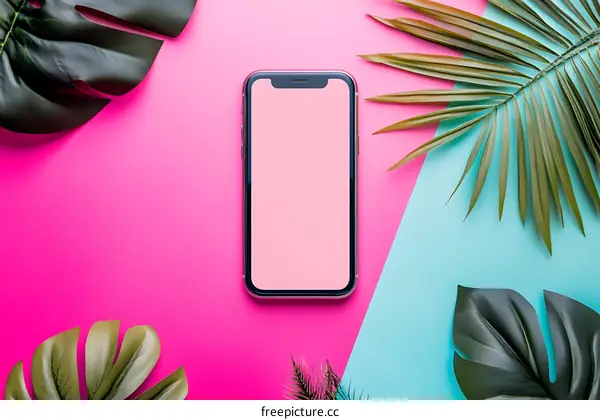 Mockup of Smartphone with Tropical Leaves on Pink and Blue Background