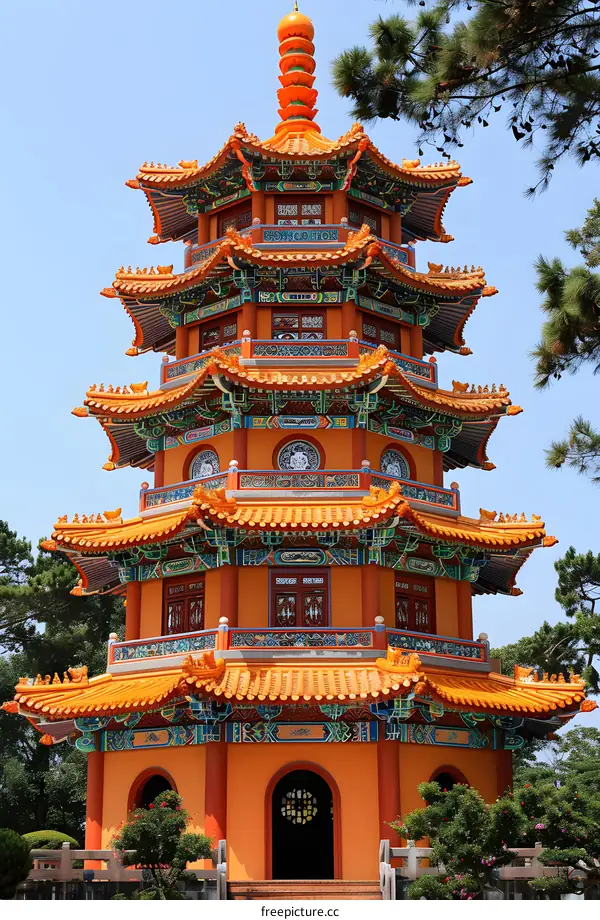 Traditional Chinese Pagoda Architecture With Orange and Green Colors