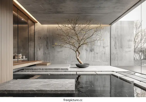 Courtyard with a tree and a reflecting pool