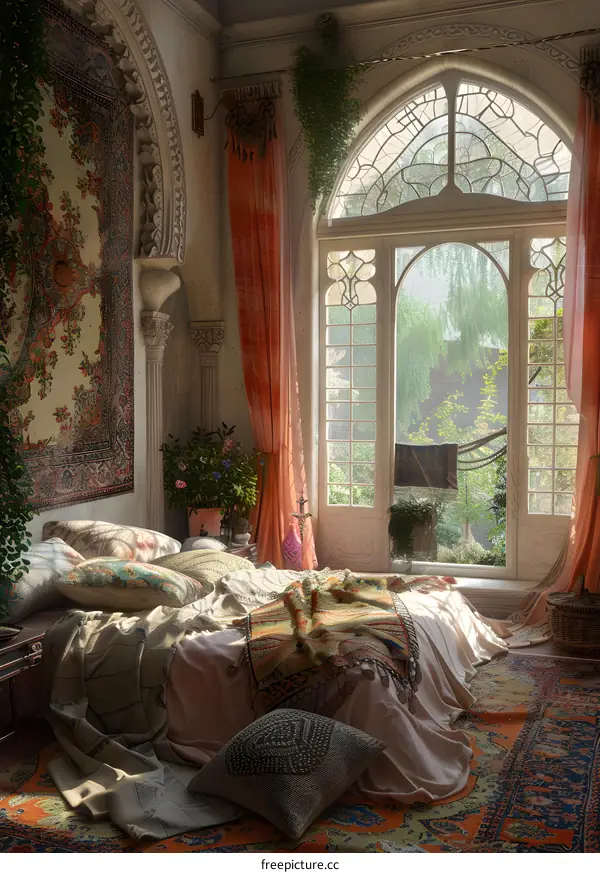 A bedroom with a large window and a comfortable bed