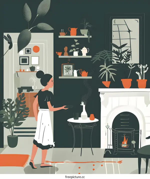 Woman in a White Apron Standing in a Room With a Fireplace
